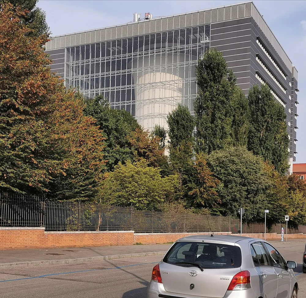 Pirelli's headquarters in Milan, Italy, beside the cooling tower left from the historic Bicocca works.