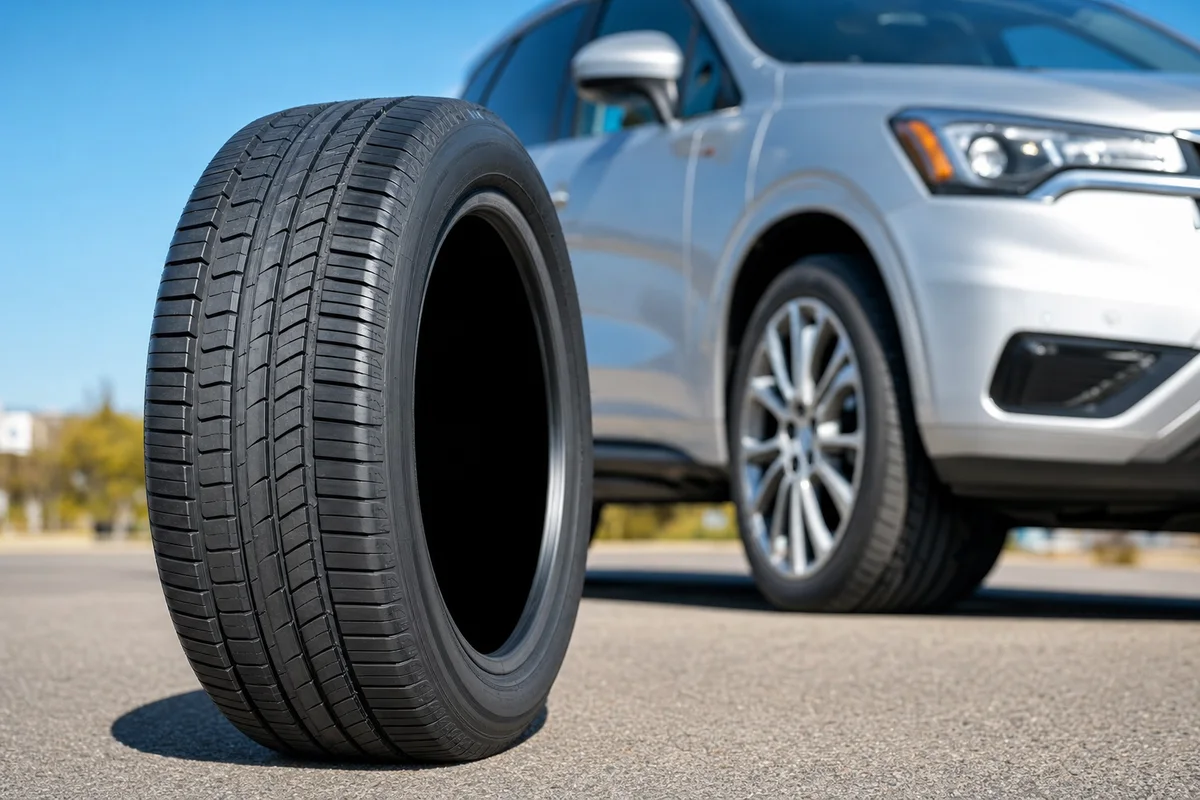 Four new tires stacked on the floor of an American tire shop, a pickup on the lift behind
